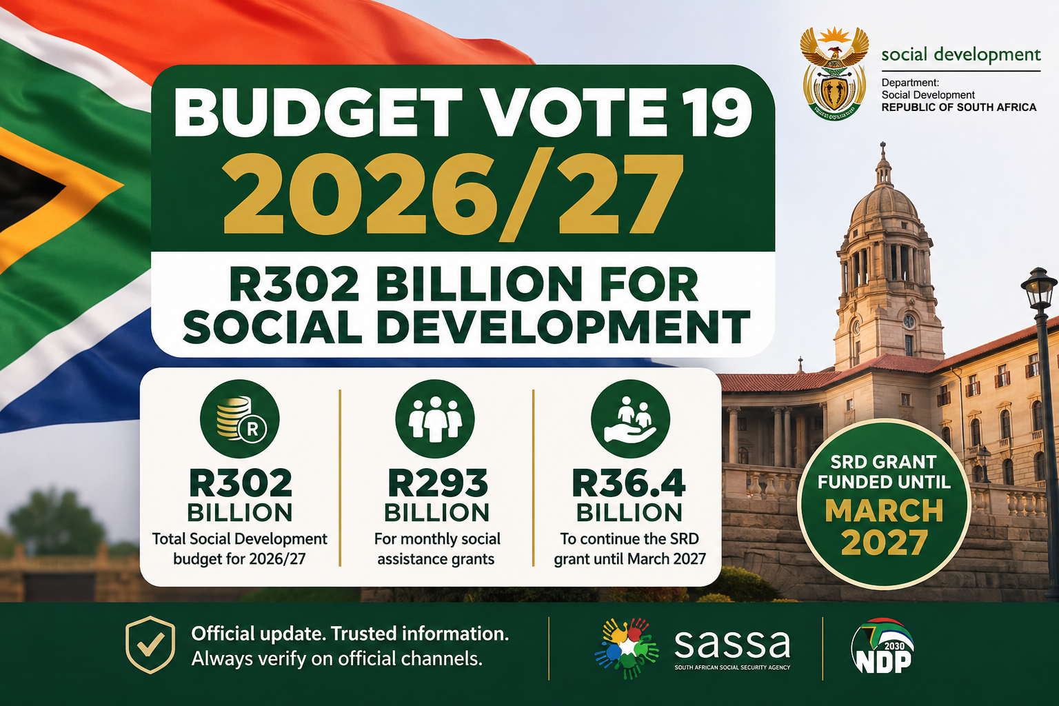Budget Vote 19 2026/27 Confirms SRD Funding Until March 2027